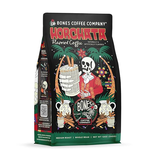 Bones Coffee Company Horchata Flavored Coffee, Medium Roast Low Acid Arabica Beans Compatible with Auto drip and French Press Coffee Maker, 12 Oz Whole Bean