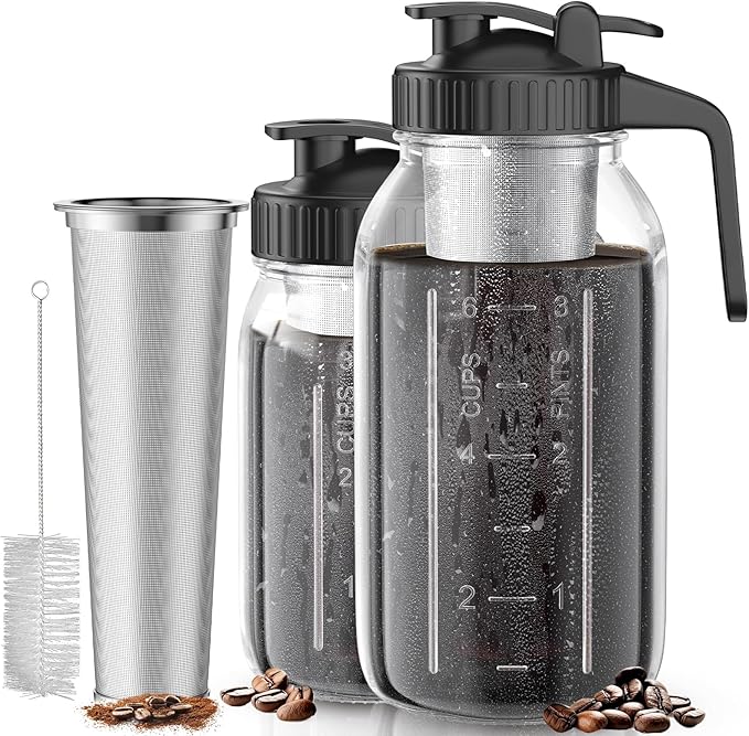 AHOMSEL Cold Brew Coffee Maker Jar - 2 Pack 64 oz/32 oz Glass Cold Brew Maker with Handle, Stainless Steel Filter & Leak-Proof Lid, Heavy Duty Cold Brew Pitcher for Iced Coffee, Sun Tea, and Milk