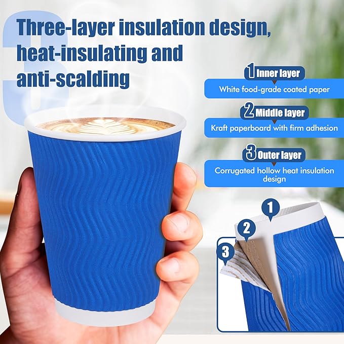 12 oz Coffee Cups 100 Pack, Disposable Coffee Cups with Lids and Straws, Insulated Ripple Wall To Go Paper Coffee Cup for Coffee, Hot Chocolate and Hot Tea Drinks (4 Color