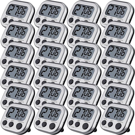 Leumoi 24 Pcs Digital Kitchen Timers Magnetic Back Timers Bulk Large Screen Loud Alarm On/Off Switch Minute Second Count up Countdown Memory Setting for Cooking Classroom Exercise (Sliver and Black)