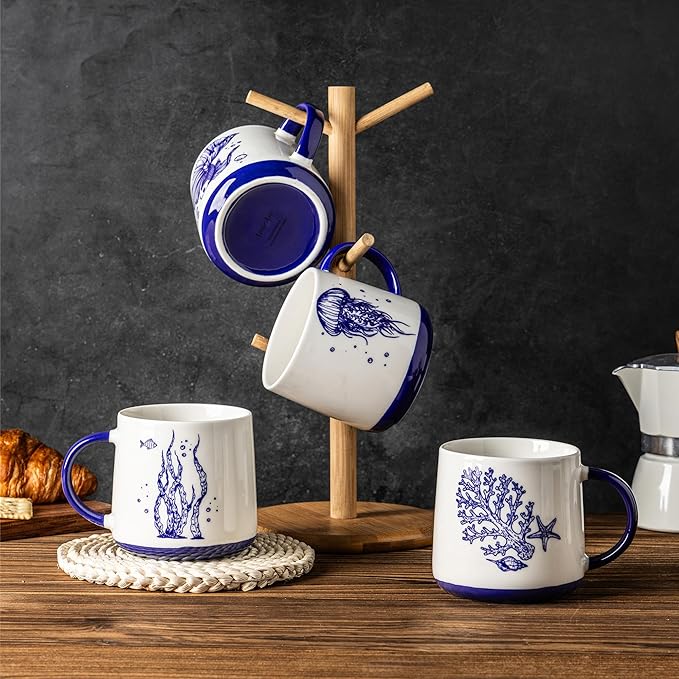 AmorArc Large Coffee Mugs Set of 4, 16oz Ceramic Coffee Cups with Sea Life Patterns for Tea Latte Cocoa. Easy to Hold&Clean, Dishwasher&Microwave Safe, Blue&White