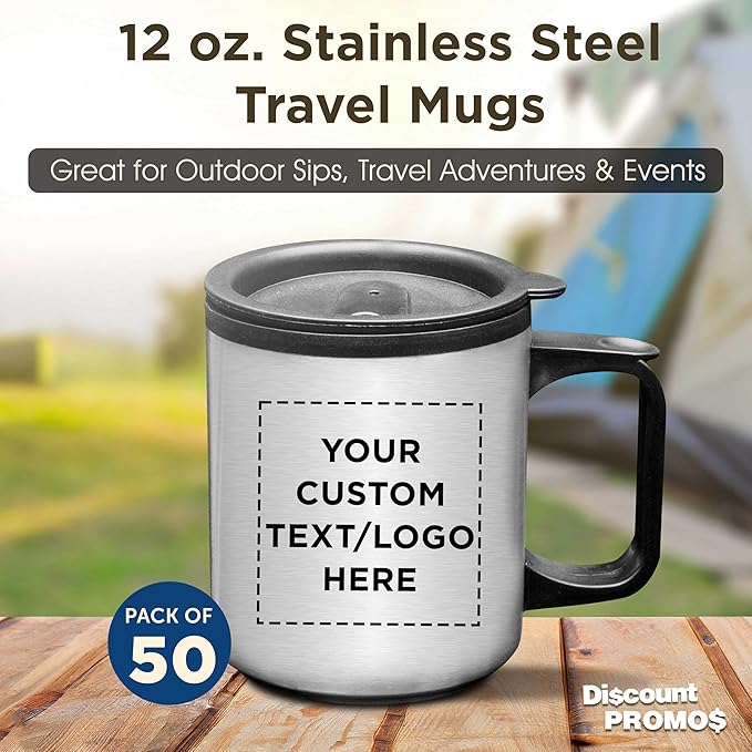 DISCOUNT PROMOS Custom Stainless Steel Travel Mugs with Handle 12 oz. Set of 50, Personalized Bulk Pack - Perfect for Coffee, Soda, Other Hot & Cold Beverages - Stainless Steel