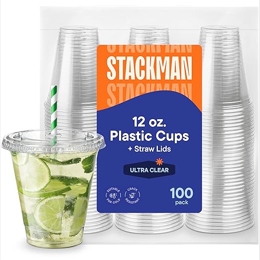 12 oz Clear Plastic Cups with Straw-Slot Lids [100 Sets] PET Crystal Clear Disposable 12oz Plastic Cups with Lids - Crystal Clear, Durable Cup. BPA Free + Crack Resistant, for Coffee, Juice, Shakes