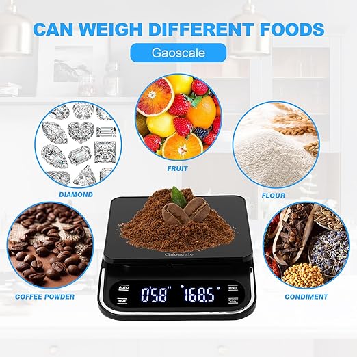 Coffee Scale With Timer - Digital Espresso Scale Rechargeable, Back-Lit LCD Display, 4 Units, 3kg/0.1g High Precision