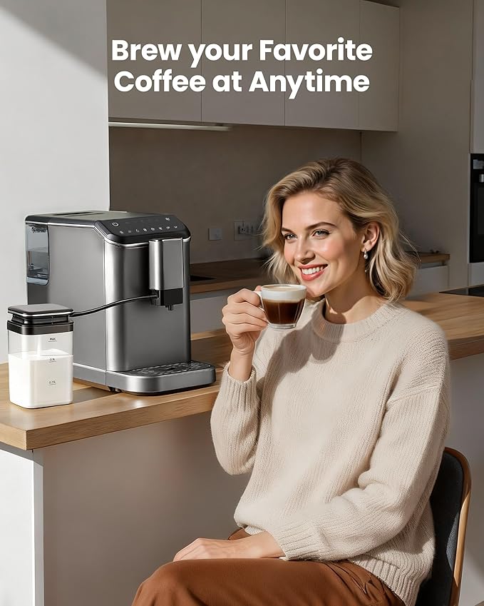 Automatic Espresso Machine, 20 Bar Espresso Maker with Touch Control, 15-Grind Settings Super Automatic Coffee Machine with Integrated Milk Frother, Auto Self-Cleaning