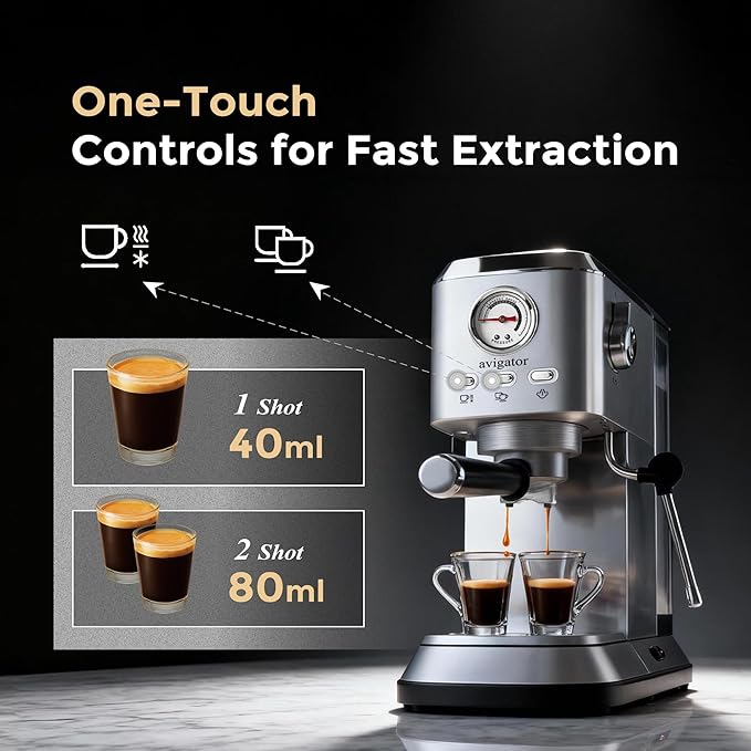 Espresso Coffee Machine, 20 Bar Espresso Maker with Milk Frother, Hot Espresso & Cold Brew, 50 oz Water Tank, Visible Pressure Gauge, Compact Design for Counter
