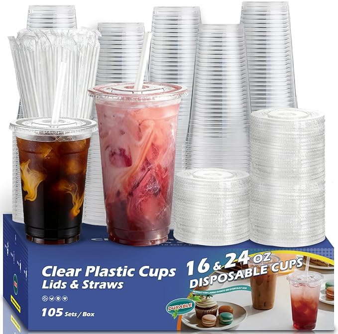 105 Packs Clear Iced Coffee Cups with Lids and Straws,16oz+24oz Plastic Disposable Cups,Sturdy & Food Safe To Go Cups For Party,Coffee Bar, Drinks