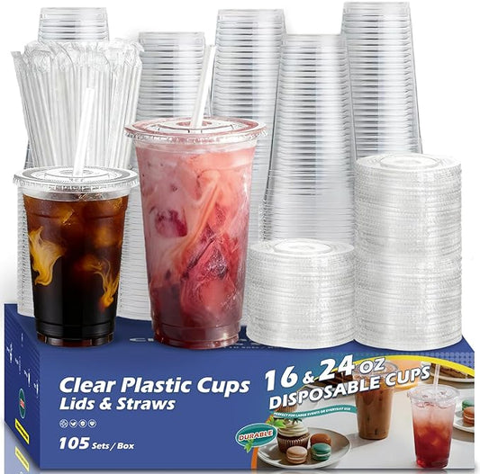 105 Packs Clear Iced Coffee Cups with Lids and Straws,16oz+24oz Plastic Disposable Cups,Sturdy & Food Safe To Go Cups For Party,Coffee Bar, Drinks