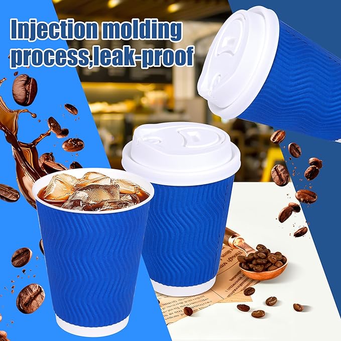 12 oz Coffee Cups 100 Pack, Disposable Coffee Cups with Lids and Straws, Insulated Ripple Wall To Go Paper Coffee Cup for Coffee, Hot Chocolate and Hot Tea Drinks (4 Color