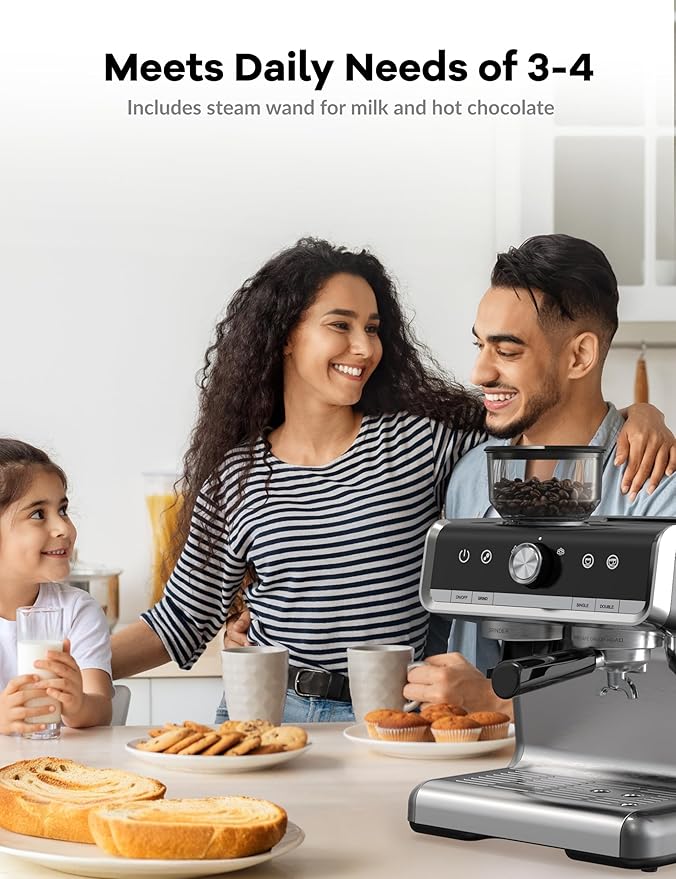 Espresso Machine with Grinder, 20 Bar Semi-Automatic Coffee Maker with Milk Frother Steam Wand, PID Temperature Control, 95 OZ Water Tank, for Cappuccino, Latte, Macchiato, Home Barista, Light Gray