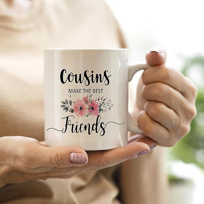 QASHWEY Cousin Gifts Coffee Mug, Gifts for Cousins, Cousin Gifts for Women, Birthday Gift for CousinFemale Coffee Cups Ceramic 11oz, Cousins Make the Best Friends Tea Cup
