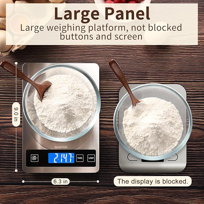 BakFee Food Scale, 33lb Digital Kitchen Scale with Stainless Steel & Tempered Glass, USB Rechargeable, 1g / 0.05oz Precise Graduation, Waterproof and Sturdy Surface, for Cooking, Baking, Weight Loss