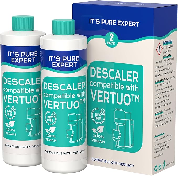 Descaling Solution Compatible With Nespresso Vertuo Coffee Machine, Eco-Friendly Formula to Clean & Descale Your Coffee Machine, 2 uses per bottle. 4 uses total, Carbon Neutral Vertuo Descaling Kit