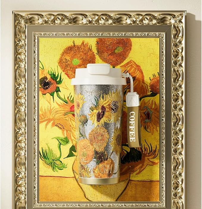 JWANGYUDG-100% Fully Titanium 17.5 oz Mug, 12-hour Thermal Insulation Coffee Mug, Artistic Travel Coffee Mug, Reusable Coffee Cup (Sunflower)
