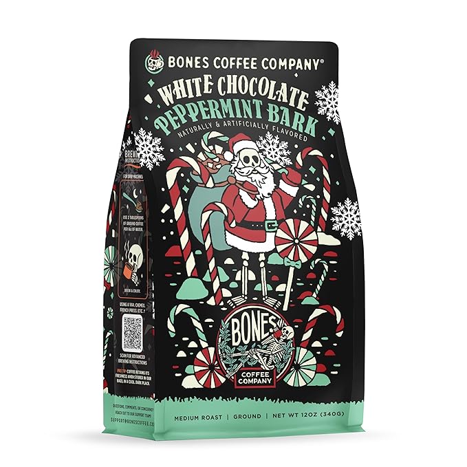Bones Coffee Company White Chocolate Peppermint Bark Flavored Coffee, Medium Roast Low Acid Arabica Beans Compatible with Auto drip and French Press Coffee Maker, 12 Oz Ground