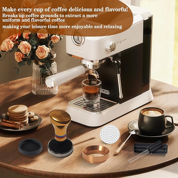 58mm Espresso Accessories Kit, 316 stainless steel Espresso Tamper, WDT Tool, Puck Screen and Dosing Funnel Set Fits Delonghi 58 mm Espresso Coffee Machines and Portafilter, Barista Tools (Golden)