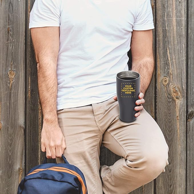 Custom Stainless Steel Grip Travel Mugs 27 oz. Set of 50, Personalized Bulk Pack - Perfect for Coffee, Soda, Other Hot & Cold Beverages - Smoke