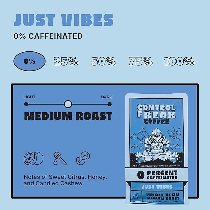 Control Freak Decaf Coffee Just Vibes, 0% Caffeine Whole Bean Coffee (32 Oz) – Fresh Sugarcane Processed Coffee Beans, Chemical-Free Decaffeination, Calm Energy, Full Flavor, No Buzz