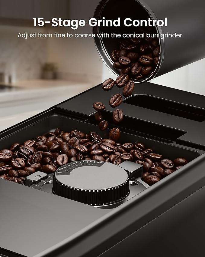 Fully Automatic Coffee Machine, 20 Bar Coffee Maker with Grinder, Automatic Espresso Machine with 15 Grinding Levels, Touch Control for Cappuccino & Latte, Auto Self-Cleaning