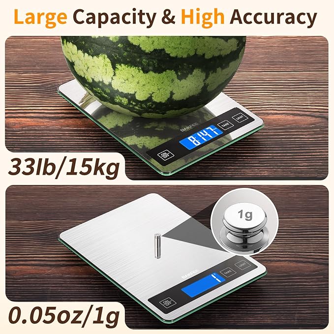 BakFee Food Scale, 33lb Digital Kitchen Scale with Stainless Steel & Tempered Glass, USB Rechargeable, 1g / 0.05oz Precise Graduation, Waterproof and Sturdy Surface, for Cooking, Baking, Weight Loss