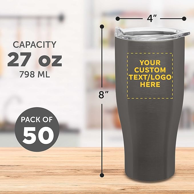 Custom Stainless Steel Grip Travel Mugs 27 oz. Set of 50, Personalized Bulk Pack - Perfect for Coffee, Soda, Other Hot & Cold Beverages - Smoke