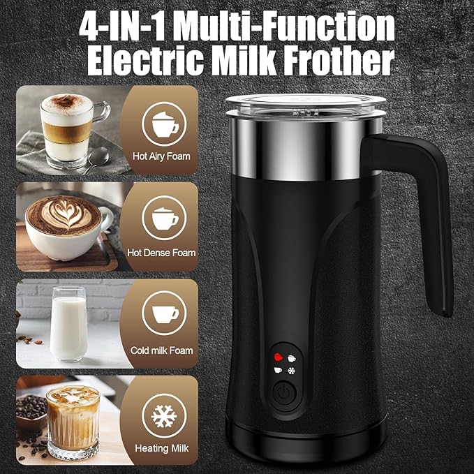 Ovetedot Milk Frother, 4-in-1 Milk Frother and Steamer, 10.1oz/300ml Automatic Hot and Cold Foam Maker and Milk Warmer, Electric Milk Frother for Coffee, Latte, Cappuccino, Matcha(Black)
