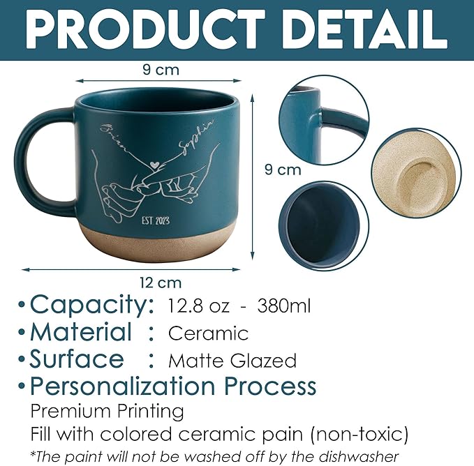 Personalized Holding Hands Couple Pottery Mug 12oz, Minimalist Line Art Engagement, Wedding & Anniversary, Custom Names and Date Handmade Ceramic Coffee Mug
