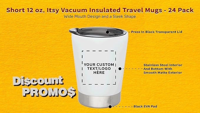 Personalized 12 oz. Itsy Vacuum Insulated Travel Mugs - 24 Pack - Custom Text, Logo - White