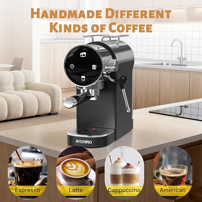Espresso Machine, Touch Screen Control 20 Bar Espresso Coffee Maker with Steam Milk Frother for Latte & Cappuccino, Removable Water Tank, Modern Black Design