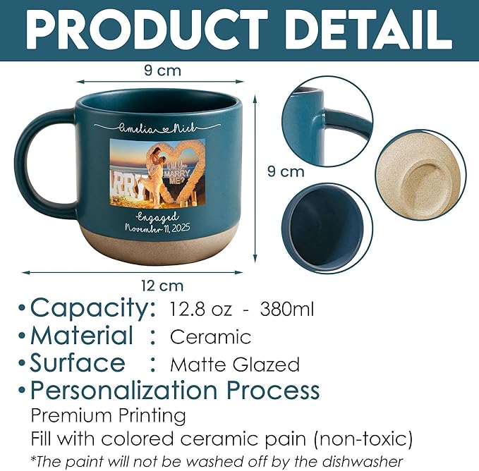 Personalized Engagement Photo Pottery Mug 12oz, Custom Couple Picture Mug with Names & Date, Wedding and Anniversary for Couple