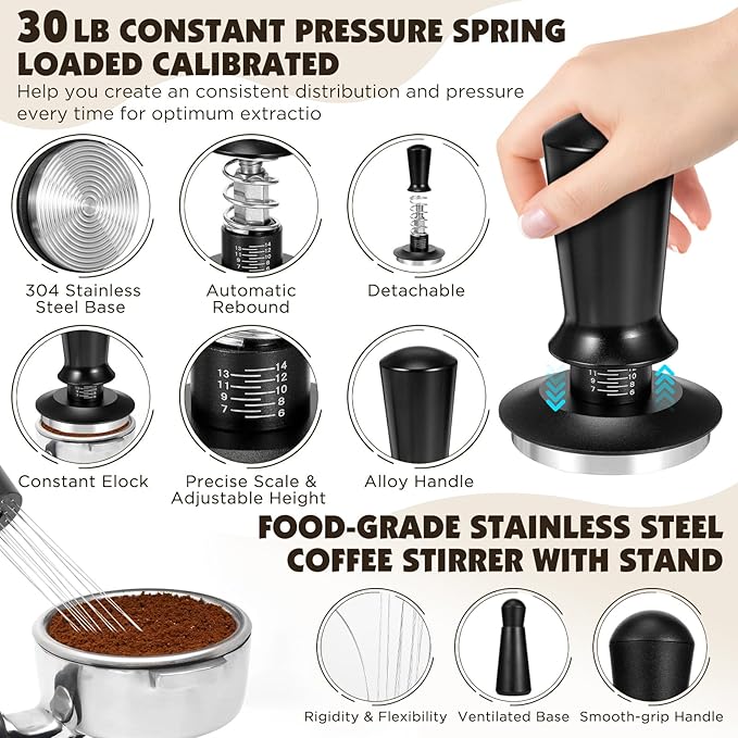 8 PCS Espresso Accessories Kit,51mm Espresso Tamper Tools,WDT Tool Espresso,Espresso Tamping Station, Distributor, Stirrer, Dosing Funnel,Puck Screen, Brush and Latte Art Pen