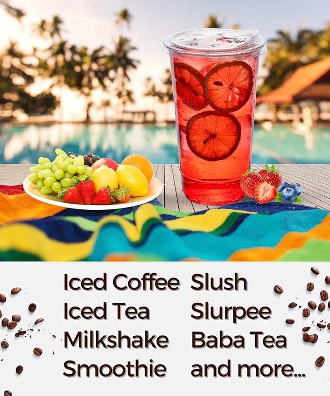 100 Pack 32 oz Clear Plastic Cups with Strawless-Sip-Lids, Disposable Cups Plastic Iced Coffee Cups, To Go Cups with Sip Through Lids for Smoothie, Milkshake, Cold Drinks for Party, Wedding, Event