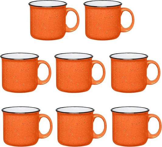 Gifts by Design Set of 8 Ceramic Campfire Mugs – 15 Oz, Orange – Coffee & Tea Cups for Home, Work, Travel, Camping – Customizable, Great for DIY, Events, Companies