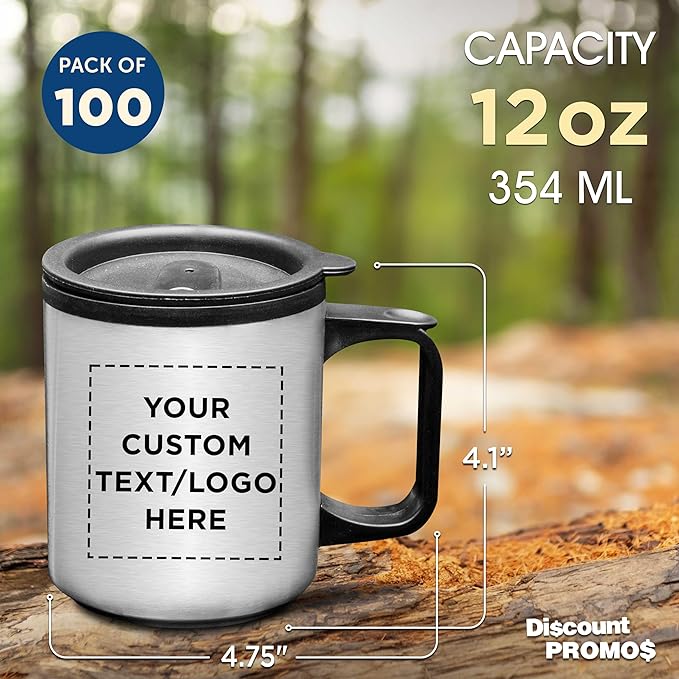 DISCOUNT PROMOS Custom Stainless Steel Travel Mugs with Handle 12 oz. Set of 100, Personalized Bulk Pack - Perfect for Coffee, Soda, Other Hot & Cold Beverages - Stainless Steel