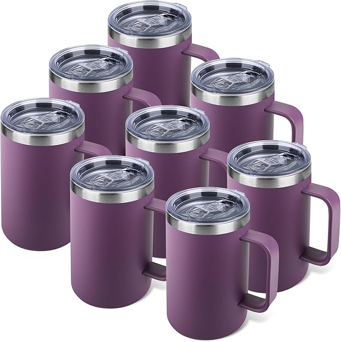 Zynkify 22oz Insulated Coffee Mug with Handle & Leak-Proof Lid - Double Wall Stainless Steel Travel Tumbler Bulk for Commute/Office/Home, Purple, 8 Pack