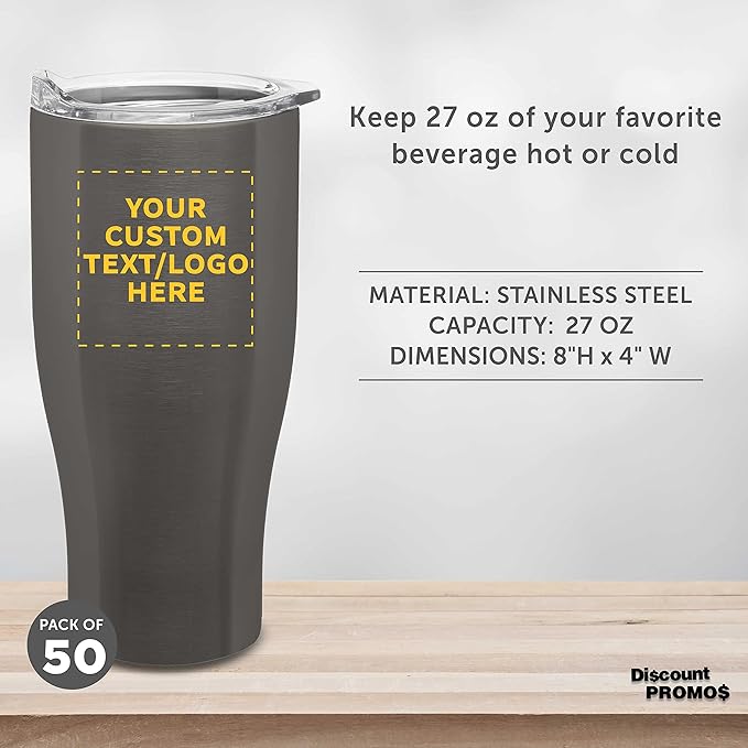 Custom Stainless Steel Grip Travel Mugs 27 oz. Set of 50, Personalized Bulk Pack - Perfect for Coffee, Soda, Other Hot & Cold Beverages - Smoke