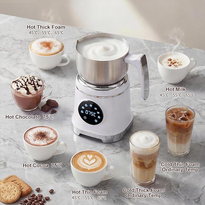 VIPDIGI 7-IN-1 Milk Frother, 20.3 OZ Milk Frother and Steamer with Temperature Control Stainless Steel Electric Milk Frother Dishwasher Safe Hot and Cold Foam for Latte Hot Chocolate Cocoa (White)