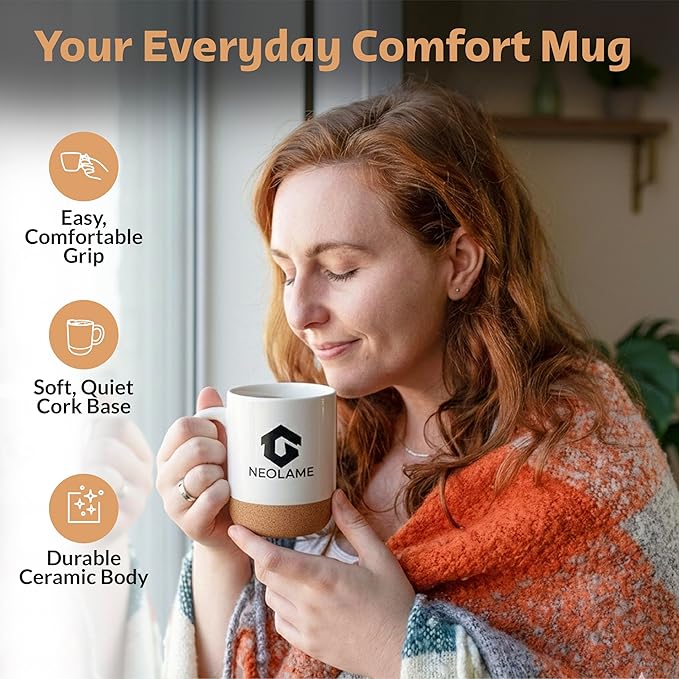 NeoLame Ceramic Coffee Mug with Cork Bottom and Spill Proof, Re-usable Coffee Mug for Home or Work, Heat Preservation and Removable Locking lid with Sliding spout, 400ML Volume (black)