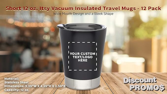Personalized 12 oz. Itsy Vacuum Insulated Travel Mugs - 12 Pack - Custom Text, Logo - Black