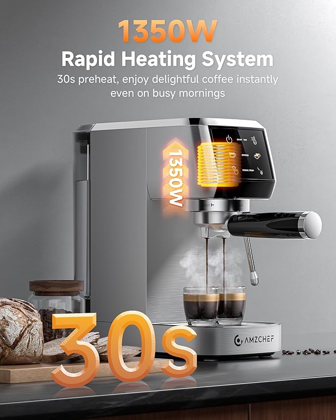 AMZCHEF 51mm Coffee Espresso Machine 20 Bar – Professional Coffee Maker with Milk Frother, Compact Stainless Steel Espresso Maker for Cappuccino, Latte, Mocha, Moon Silver