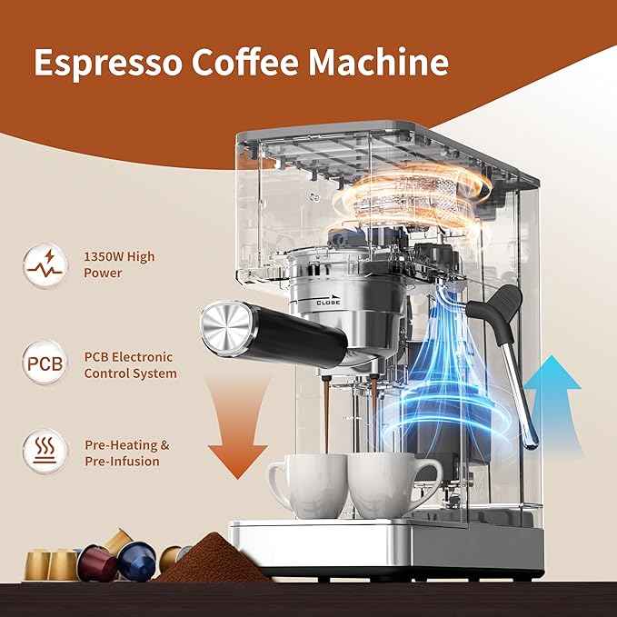 Kismile Espresso Machine 20Bar with Milk Frother, Professional Coffee Maker with Capsule Funnel|LED Display|48oz Removable Water Tank, Pre-Infusion for Espresso, Cappuccino at Home or Office