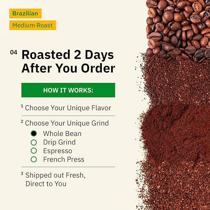 Brazilian Santos Medium Roast Coffee Beans - Single Origin Arabica Coffee Beans, Freshly Roasted to Order, Ground Coffee Low Acid with Smooth Cocoa Notes, Specialty Grade and Fair Trade - 12 oz
