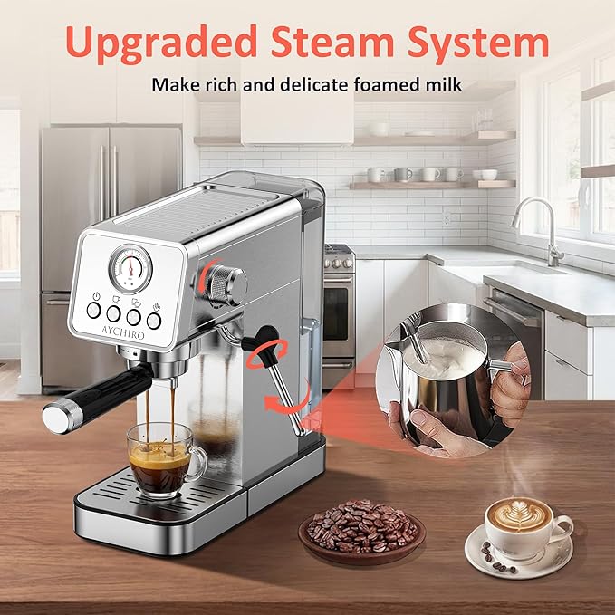 Professional Espresso Machine with Pressure Gauge, 20Bar Touchscreen Single Serve Coffee Maker, Stainless Steel, Milk Frother Wand, Cup Warmer for Home Barista