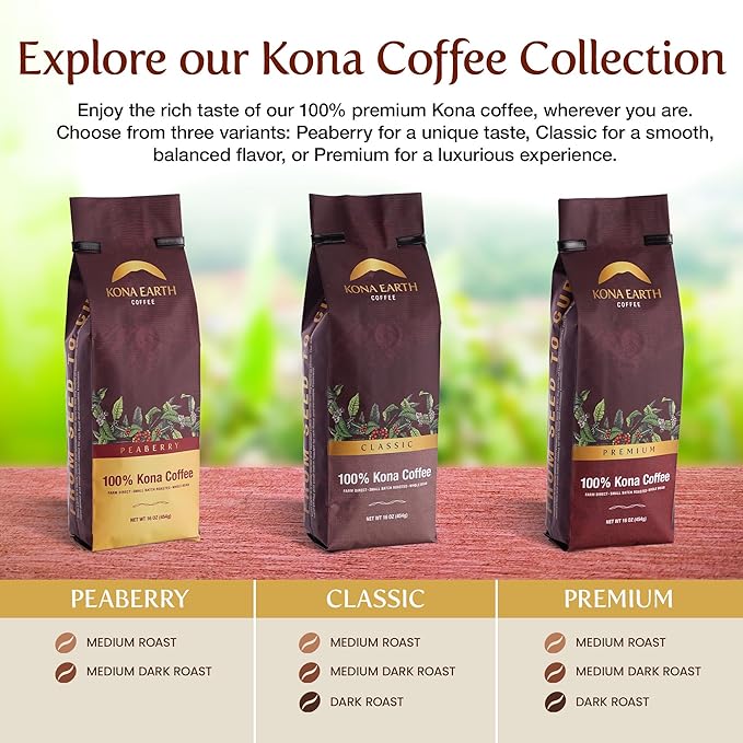 KONA EARTH - 100% Kona Coffee, Classic Medium Dark Roast, Whole Bean, 1 lb (16oz) Farm-Direct Authentic Hawaiian Kona Coffee beans from Hawaii’s Big Island, Small-Batch Roasted