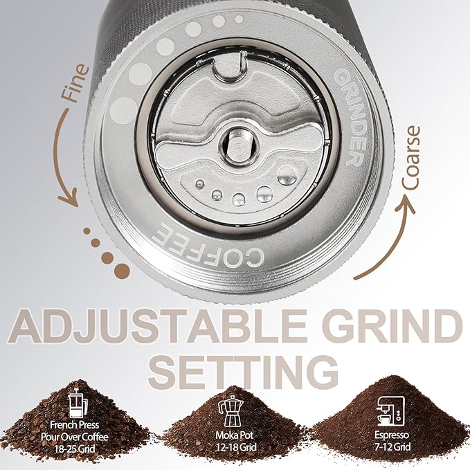 Non-Detachable Manual Coffee Grinder with 25 Level Stainless Steel Conical Burr Portable Aluminum Coffee Bean Grinder Suitable for Moka Pot Espresso French Press Pour Over Easy Cleaning with Brush