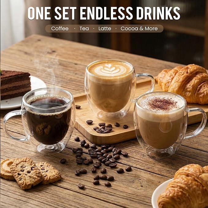 Espresso Cups Set of 8 Double Wall 5oz Hand Blown Glass Coffee Mugs Clear Insulated Glass Coffee Shots Cups with Handle for Espresso Machine, Cappuccino, Latte, Tea