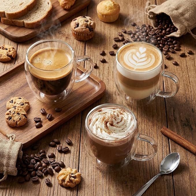 Espresso Cups Set of 8 Double Wall 5oz Hand Blown Glass Coffee Mugs Clear Insulated Glass Coffee Shots Cups with Handle for Espresso Machine, Cappuccino, Latte, Tea