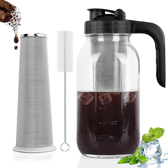 Cold Brew Coffee Maker Pitcher, 64 Oz Heavy Duty Glass Mason Jar Pitcher with V-shaped Pour Spout Handle Lid,Stainless Steel Filter for Iced Coffee,Iced tea,Fruit Drinks,lemonade - Black