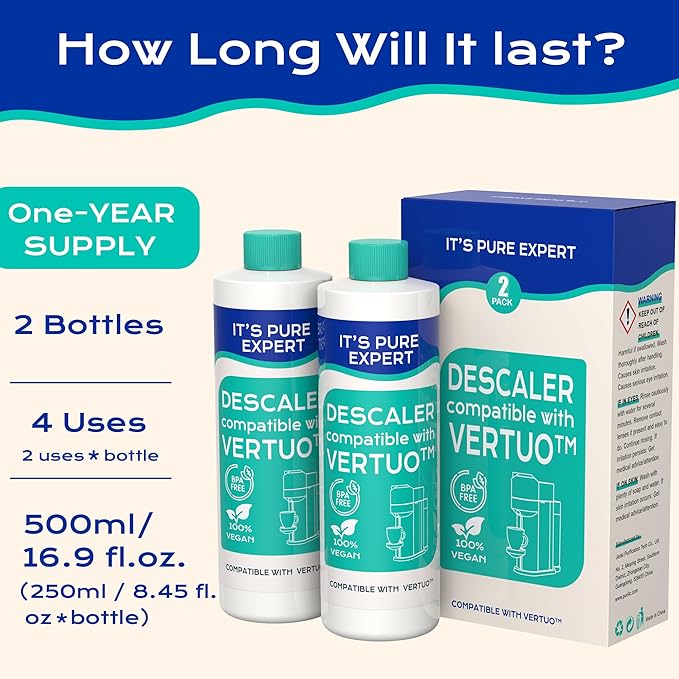 Descaling Solution Compatible With Nespresso Vertuo Coffee Machine, Eco-Friendly Formula to Clean & Descale Your Coffee Machine, 2 uses per bottle. 4 uses total, Carbon Neutral Vertuo Descaling Kit