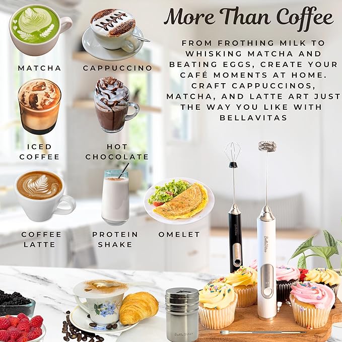 BellaVitas Milk Frother Handheld Rechargeable 3-Speed Electric Frother Wand Whisk Foam Maker Drink Mixer with Stand, 2 Whisks, Spice Shaker, Art Stencils, Art Pen for Coffee Latte, Cappuccino, White